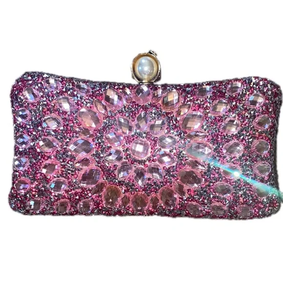 Pearl Clasp Rhinestone Clutch with metal shoulder strap - Picture 2 of 5